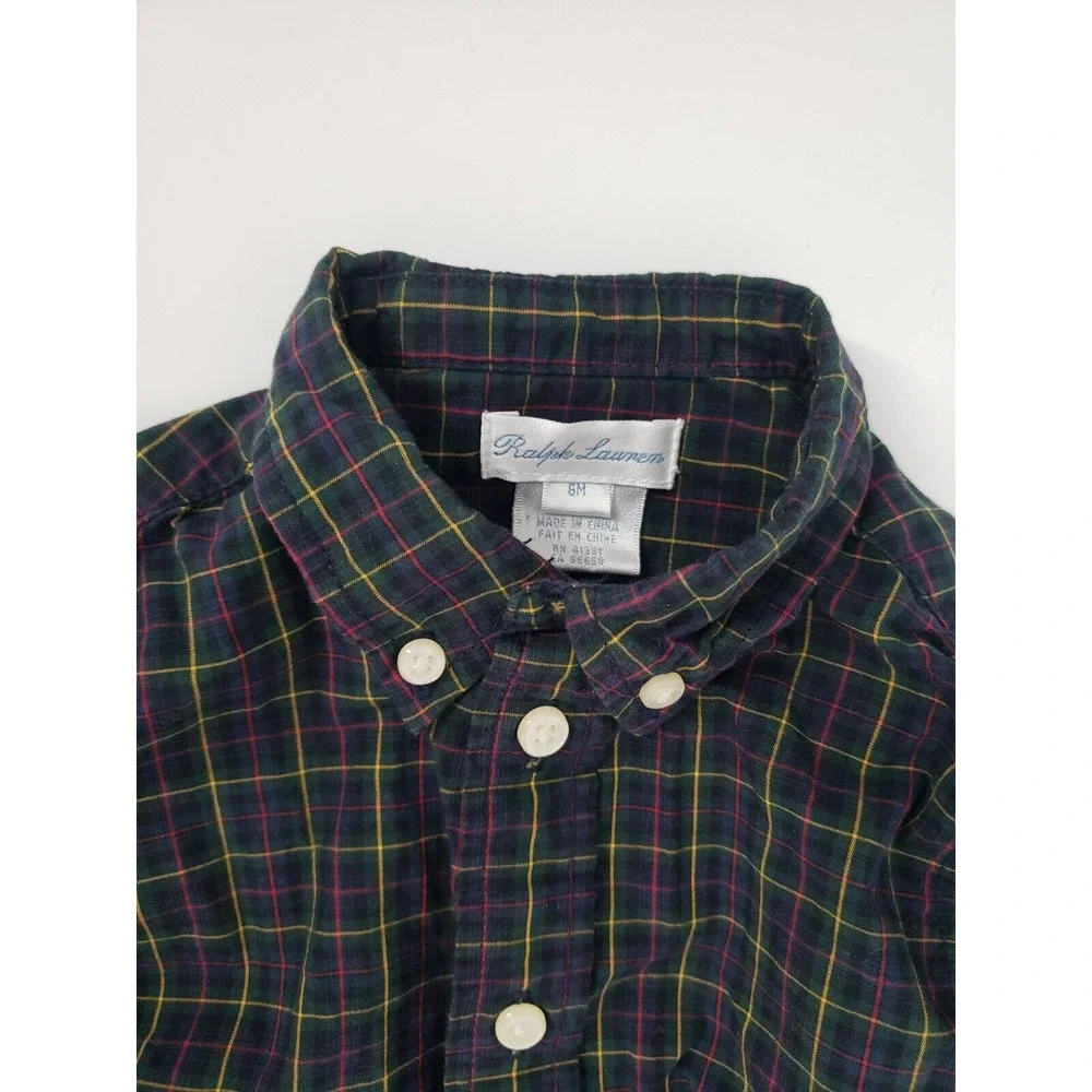 Ralph Lauren Shirt Boy 6M Months Tartan Dark Plaid Striped Long Sleeve Button Up